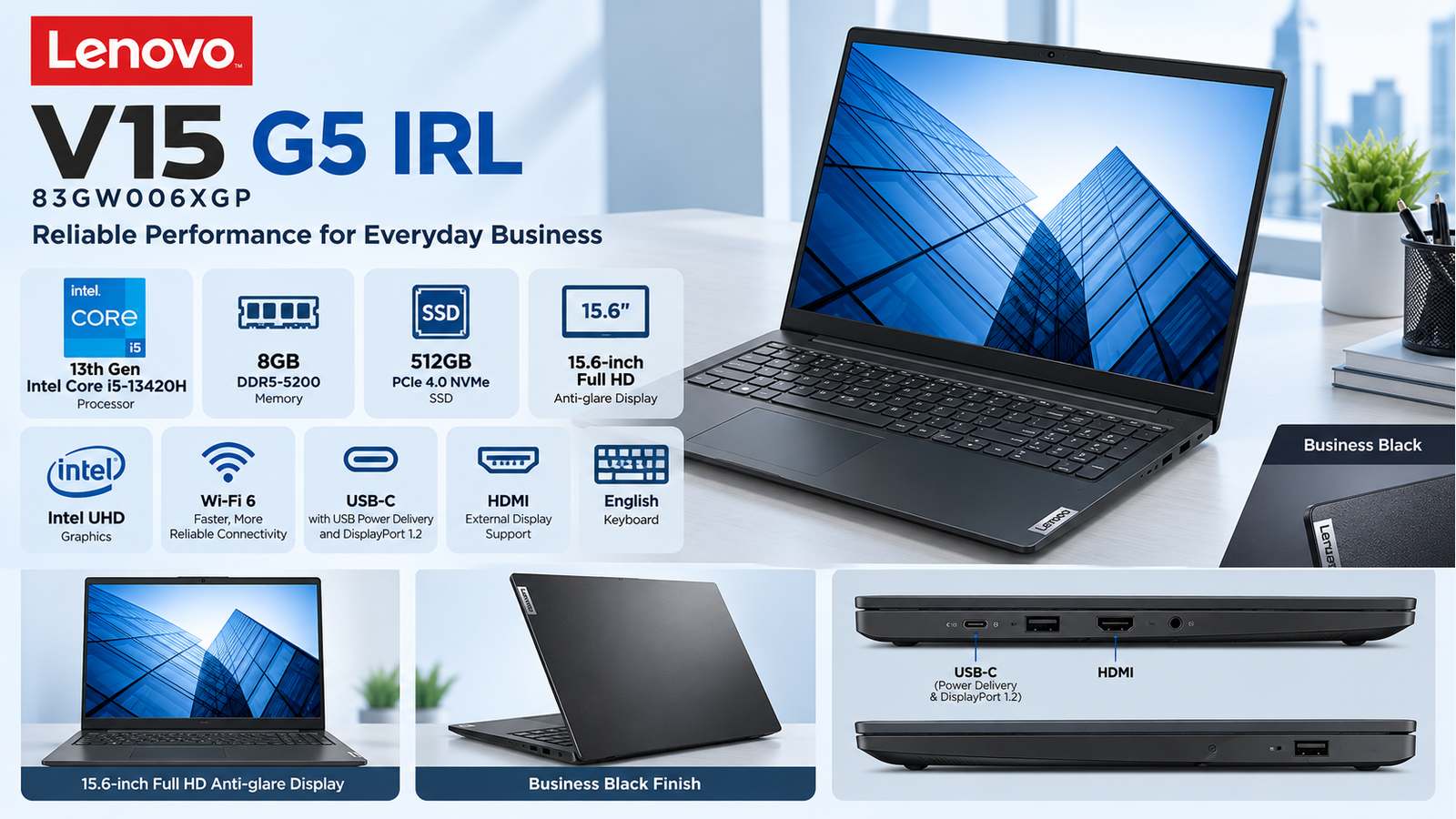  Lenovo V15 G5 IRL 83GW006XGP 15.6-Inch FHD Laptop – Intel Core i5-13420H, 8GB DDR5, 512GB SSD, Intel UHD Graphics, DOS, English Keyboard, Business Black